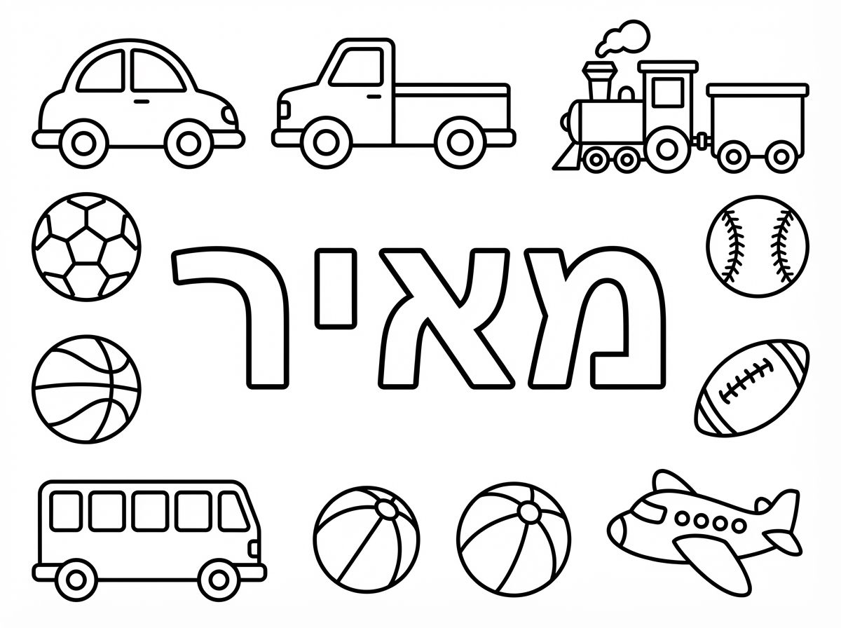 הי אשמח לדף צביעה עם שם וכלי תחבורה וכדורים
עם השם מאיר