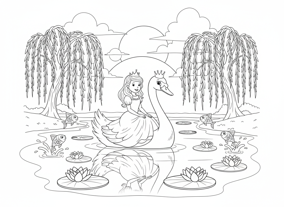 נסיכה רוכבת על ברבור ענק באגם - נסיכה בשמלה מתנופפת רוכבת על ברבור מלכותי ענק חוצה אגם נוצץ, שושנות מים, ערבות בוכייה בחוף, דגים קופצים, כתר משתקף במים, שמי שקיעה
