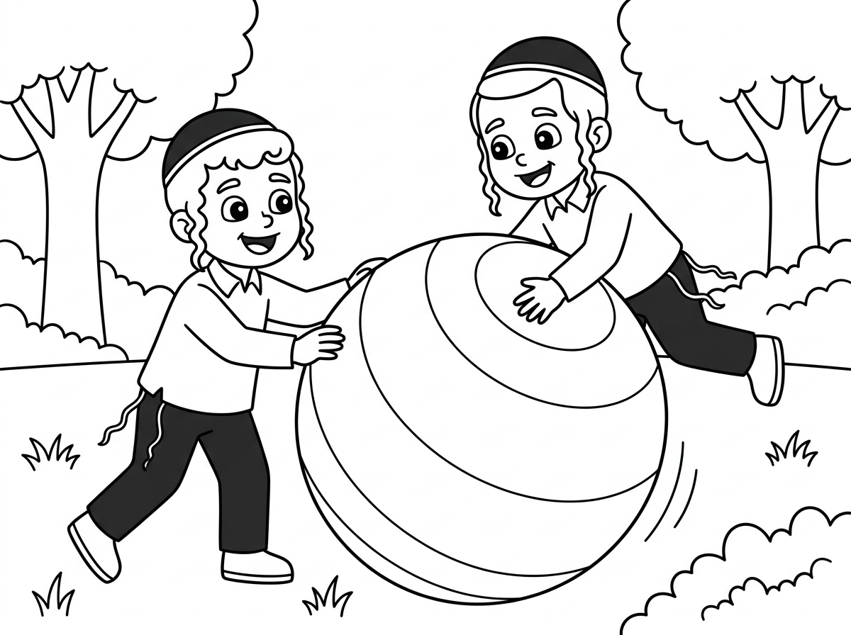 צור לי תמונה של 2 ילדים חסידיים משחקים עם כדור פילאטיס ענק.