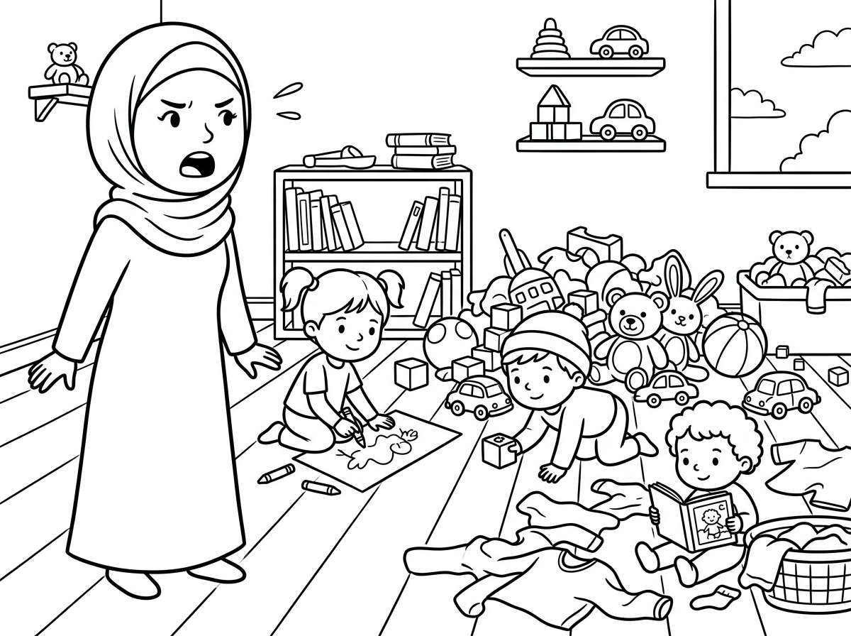 צור לי תמונה של אשה בכיסוי ראש מלא צורחת על הילדים שלה בחדר מבולגן ערימות של משחקים ובגדים מפוזרים