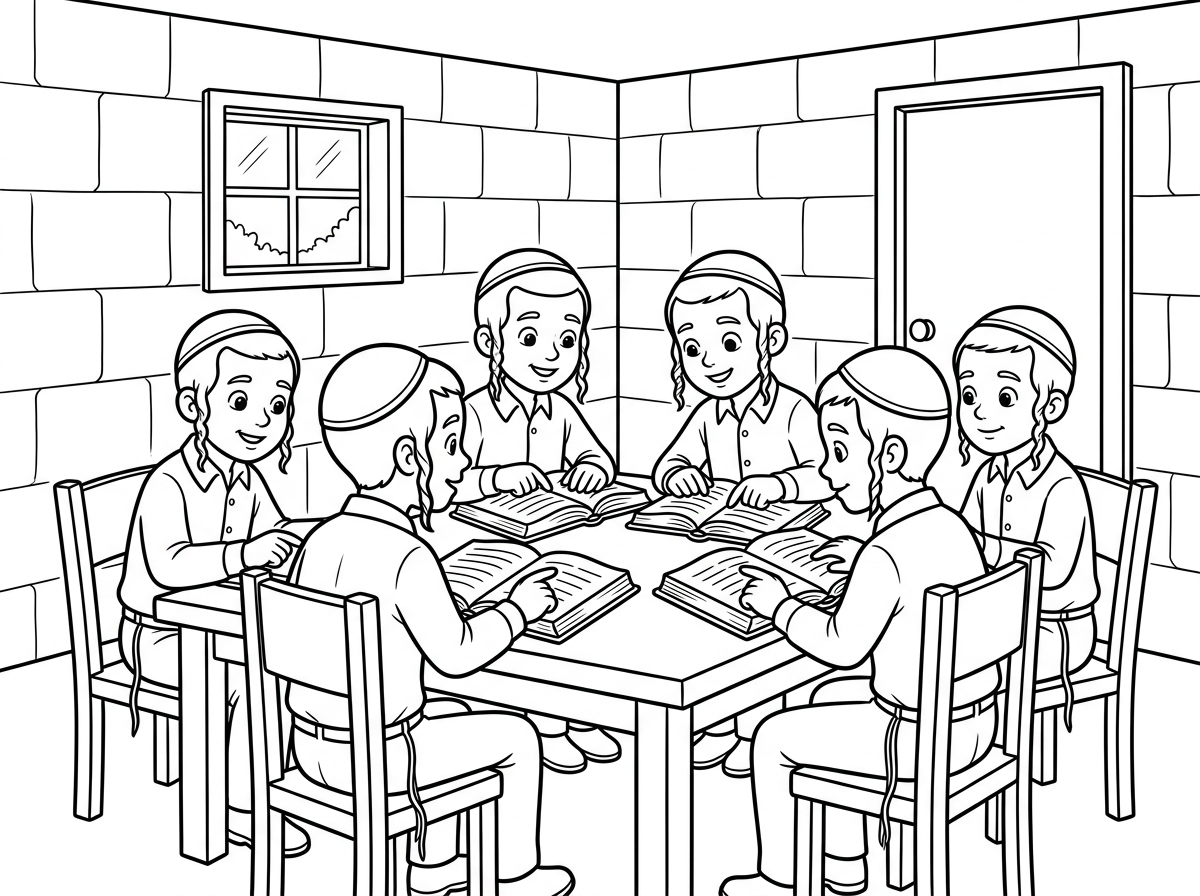 תכין לי ציור של ילדים חרדים לומדים תורה במקלט