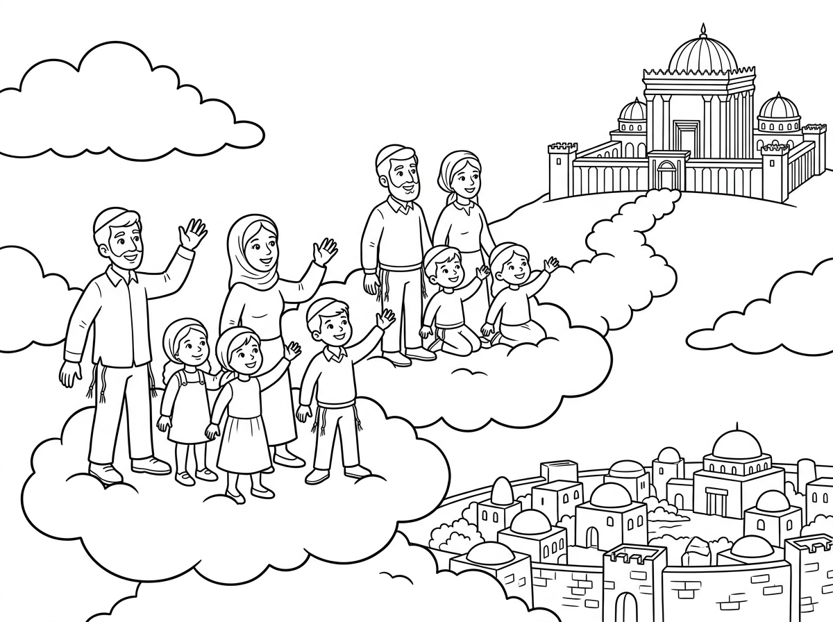 תייצר לי בבקשה אנשים נשים וילדים כולם בלבוש צנוע רובם עם גיפות וציצית נוסעים על עננים דרך ערים לכיוון בית המקדש