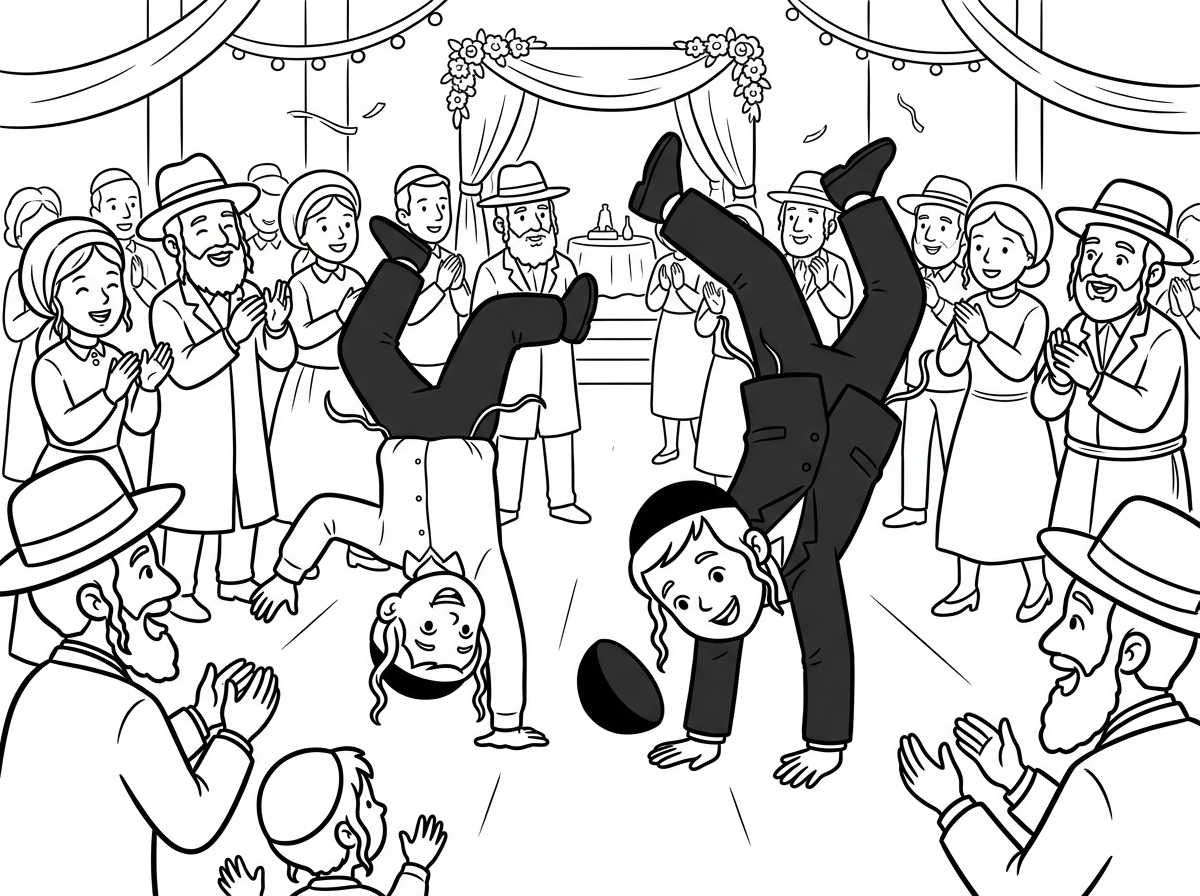 תצור לי תמונה של שני ילדים חרדים אחד בגיל 6 ואחד בגיל 9 שעושים עמידת ידיים באמצע חתונה חרדית וסביבם הרבה אנשים