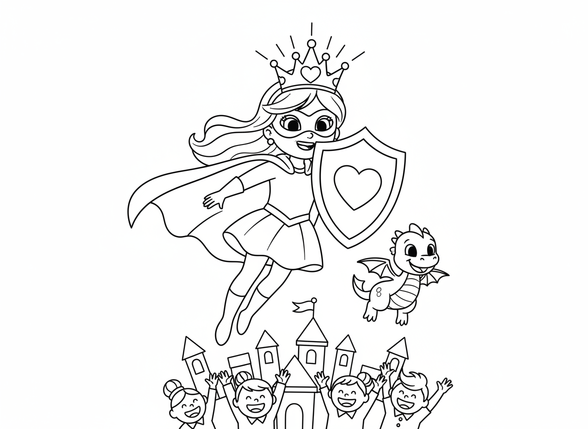 נסיכה גיבורת על מצילה את הממלכה - נסיכה עם גלימה ומסכה נוצצת עפה מעל הממלכה שלה כדי להציל אותה, כתר שמשמש גם כנזר כוח, מגן קסום עם סמל לב, דרקון תינוק כשותף, תושבים מריעים למטה