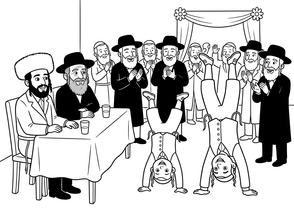 הילדים עם פאות קצרות עד סוף האוזן ולבושים ווסט עם 8 כפתורים אין אמהות בתמונה החתן ואבא שלו יושבים מולם וצופים