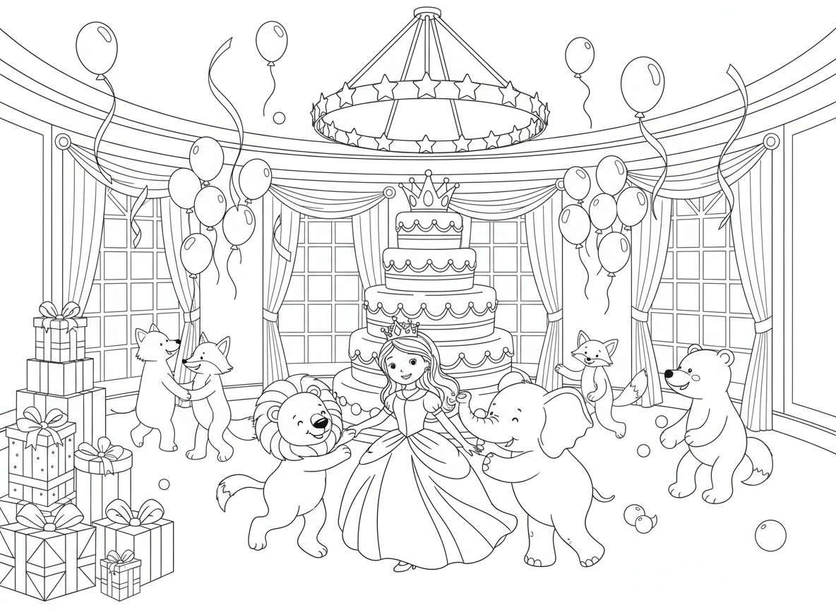 חגיגת יום הולדת לנסיכה באולם נשפים - מסיבת יום הולדת מפוארת לנסיכה באולם נשפים נוצץ, עוגת קומות ענקית עם כתר בראש, בלונים ונחשולים, חיות אורחות רוקדות, נברשת כוכבים, מתנות ערומות גבוה