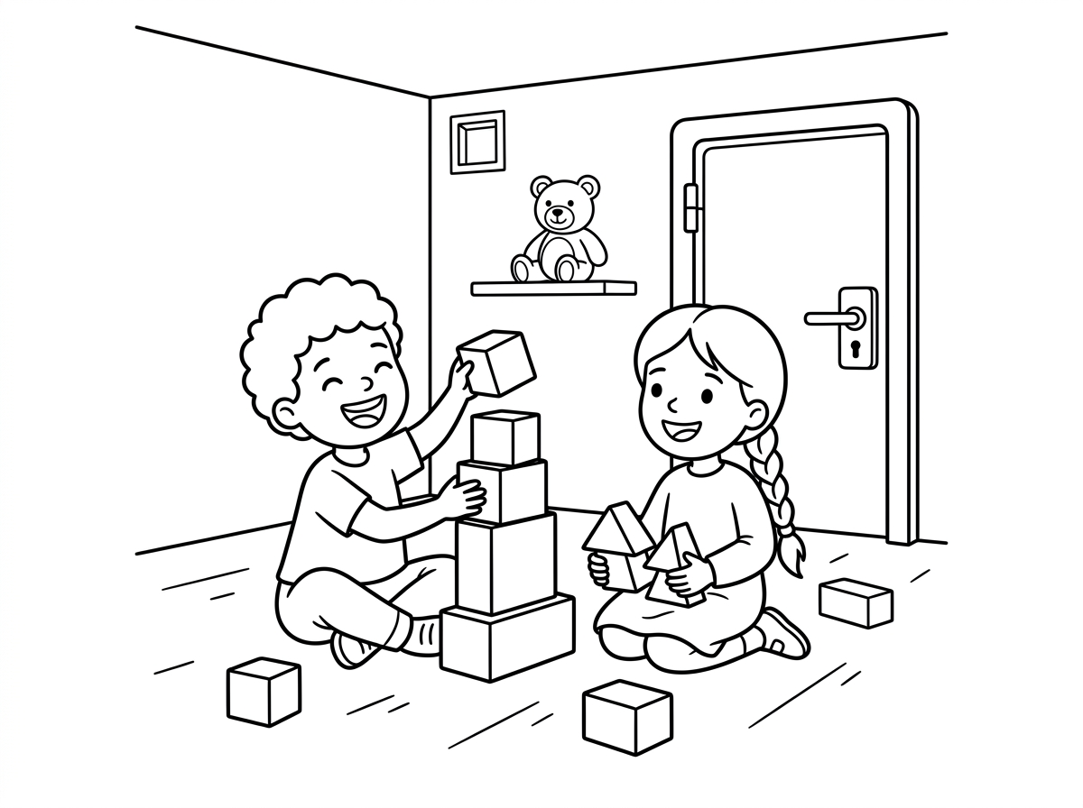 אשמח לדף צביעה של 2 ילדים משחקים בקוביות בתוך ממ״ד