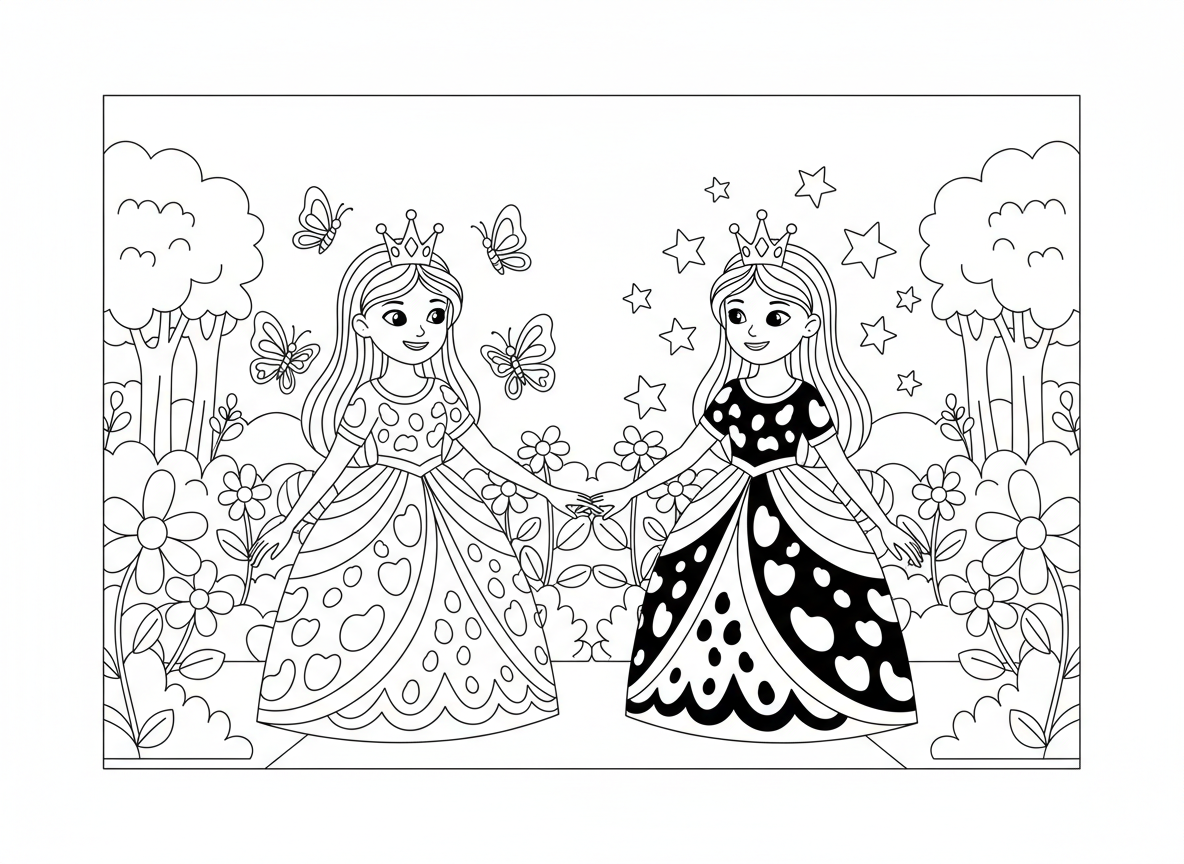 נסיכות תאומות בתמונת מראה - נסיכות תאומות עומדות מול מול כמו השתקפות במראה, אחת בצבעים בהירים ואחת בכהים, כתרים תואמים, מחזיקות ידיים, פרפרים סביב אחת וכוכבים סביב השנייה, גן סימטרי