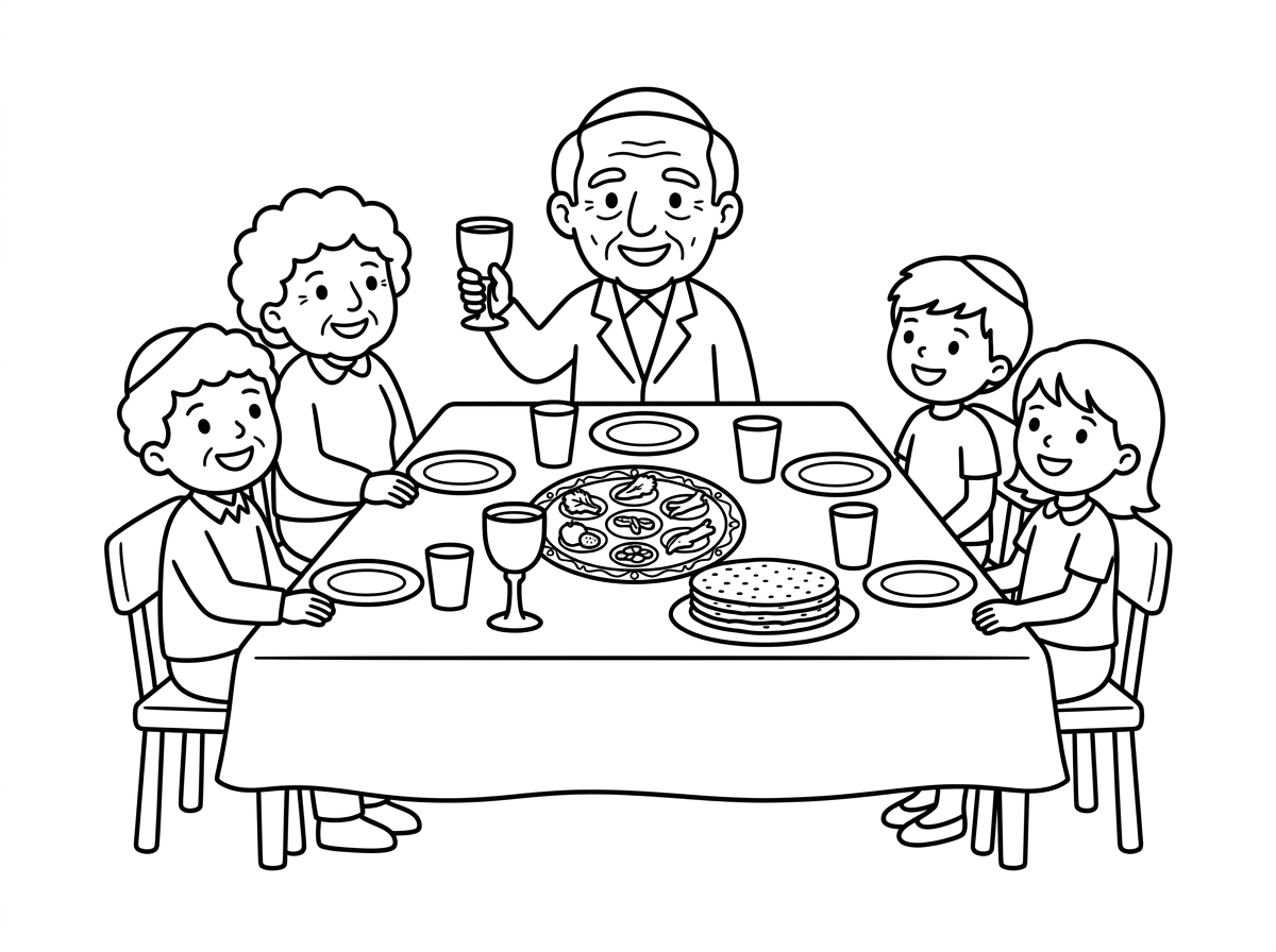 דף צביעה עם שולחן של פסח עם מצוצ קידוש ואנשים