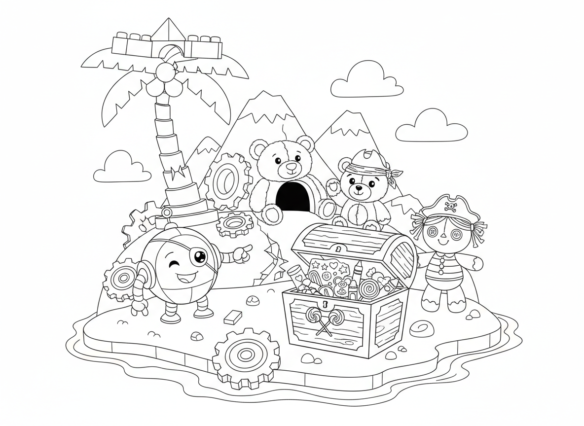 אי המטמון של הצעצועים האבודים
רובוטים, דובים ובובות מחפשים תיבה מלאה במדבקות, צבעים וסוכריות.