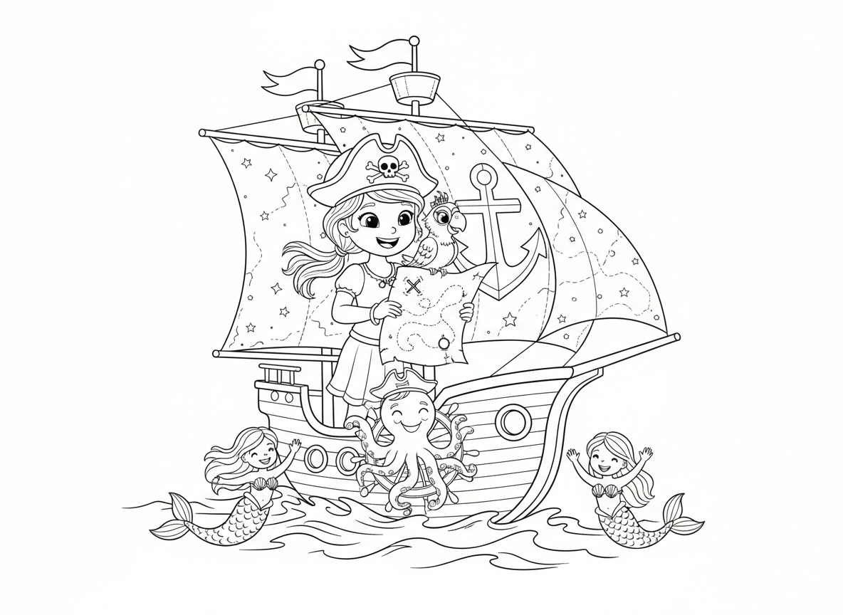 נסיכה פיראטית על ספינה - נסיכה חובשת כובע פיראטים מעל הנזר שלה, עומדת על ספינה קסומה עם מפרשים נוצצים, תוכי על הכתף, מפת אוצר ביד, תמנון ידידותי מנווט, חברות בנות ים שוחות לצד