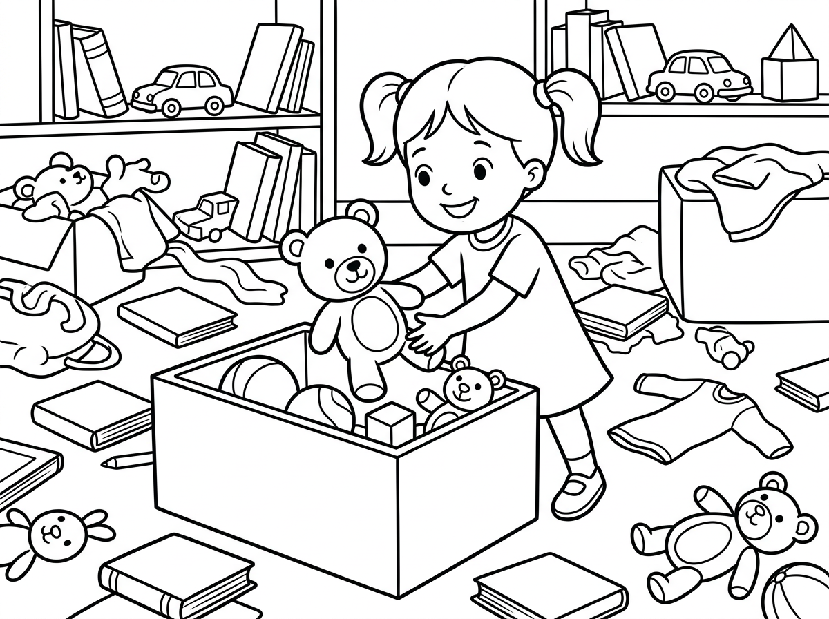 מושלם. 
עכשיו תכין ציור של ילדה צנועה עם שתי קוקיות מסדרת את המשחקים והחדר מבולגן