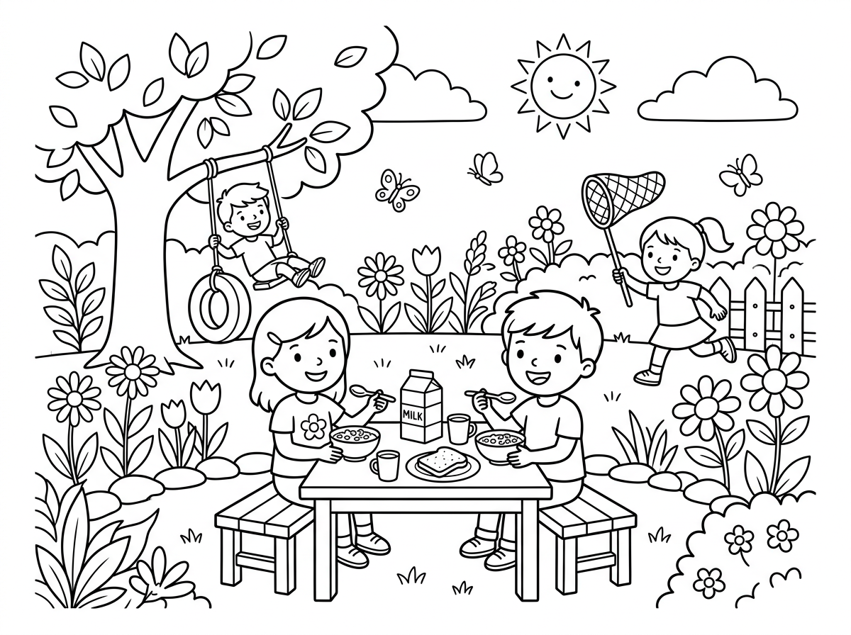 תוכל להוציא לי דפי צביעה של ילדים אוכלים ארוחת בוקר ומשחקים בגיבוי תוך כדי ?