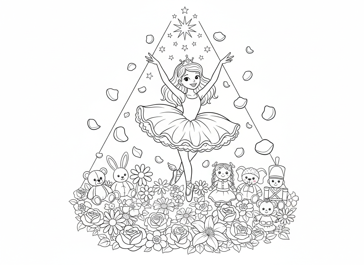 מופע בלט של נסיכה - נסיכה בלרינה בחצאית טוטו וכתר מופיעה על במה עשויה פרחים, זרקור כוכבים, קהל של דובונים ובובות, עלי ורדים נופלים כקונפטי, נעלי בלט עם כנפיים זעירות