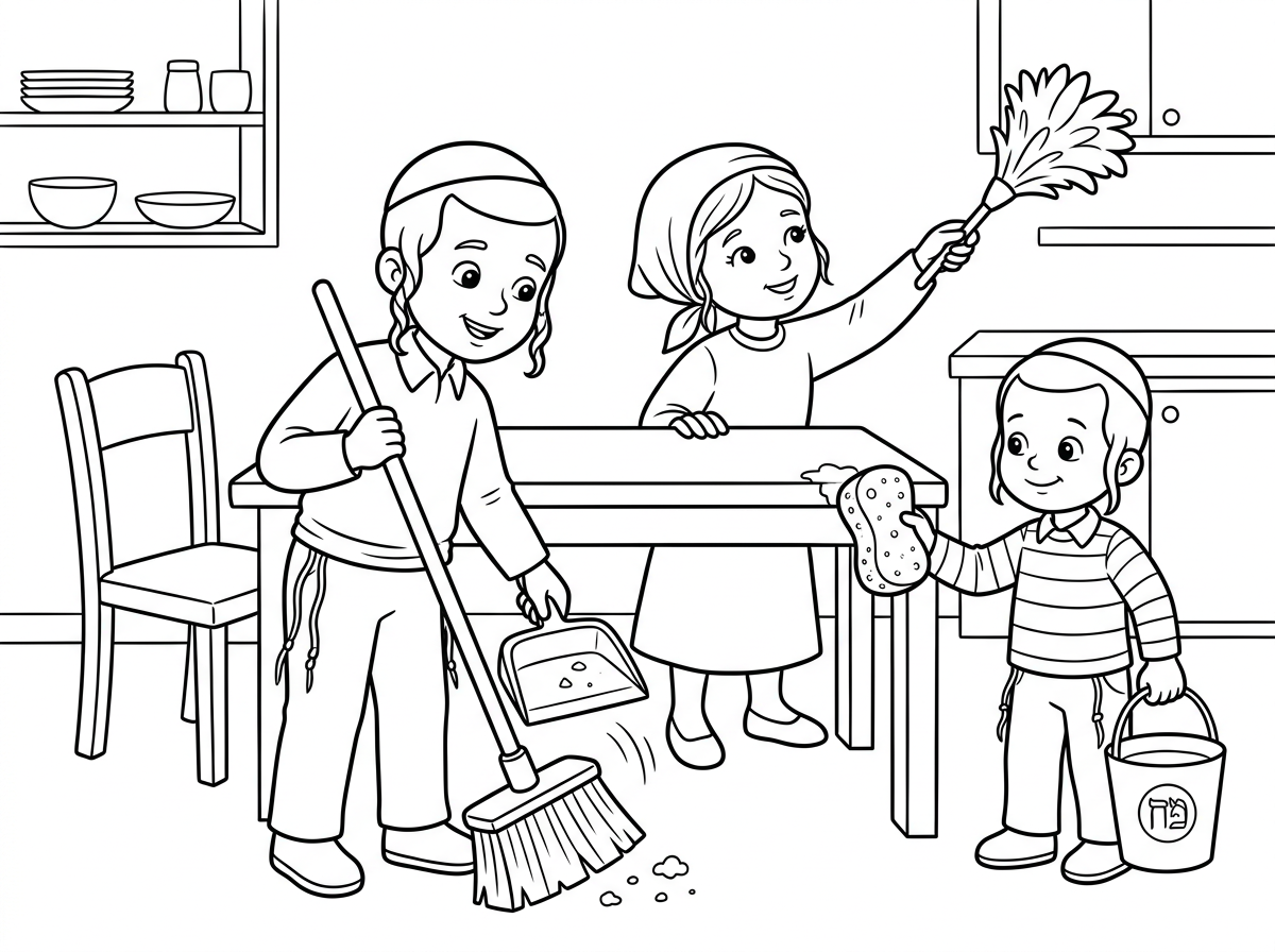 אני רוצה דף של עם ילדים חרדים שמנקים לפסח