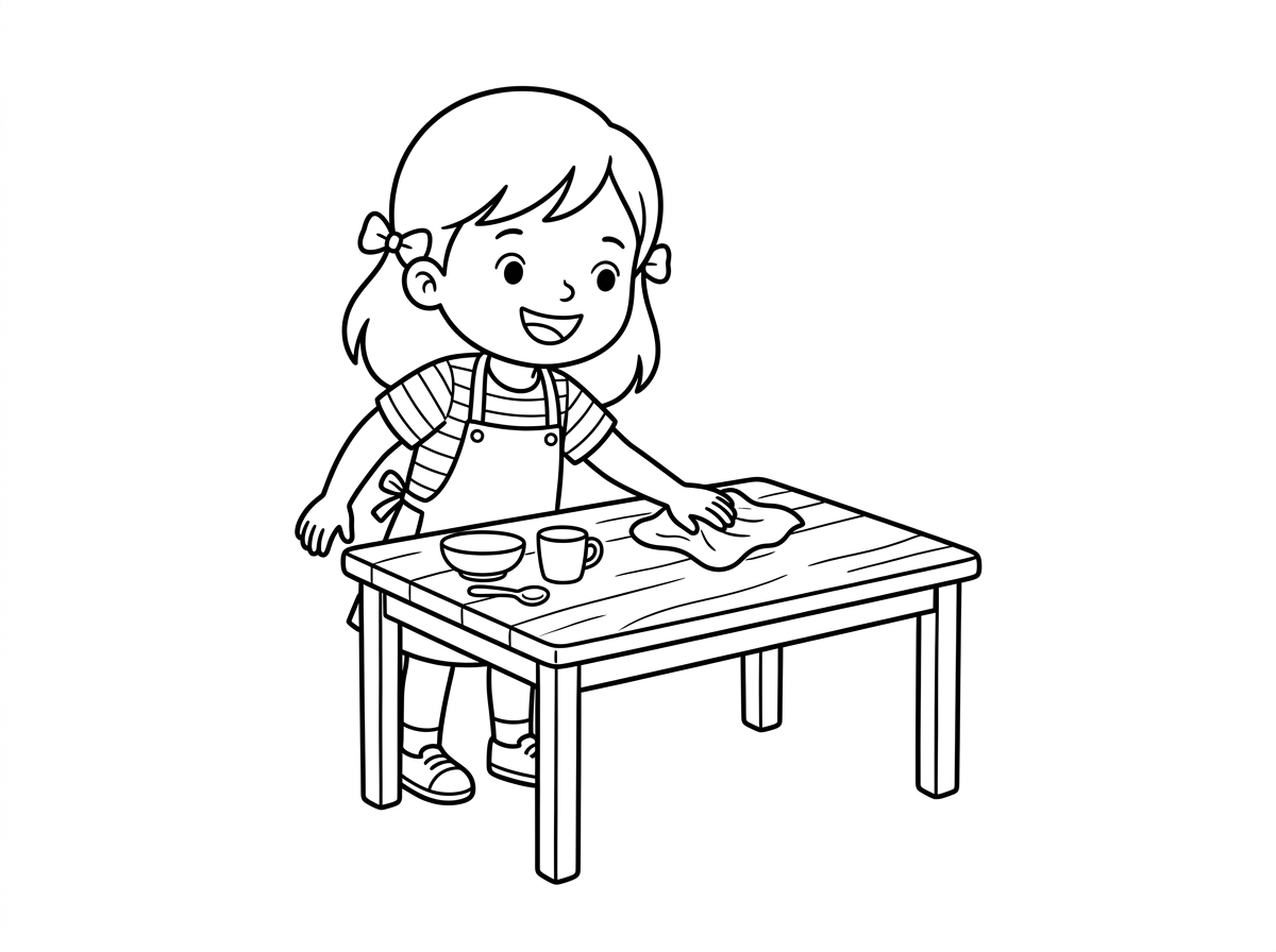 אני רוצה ציור שילדה מנקה שולחן