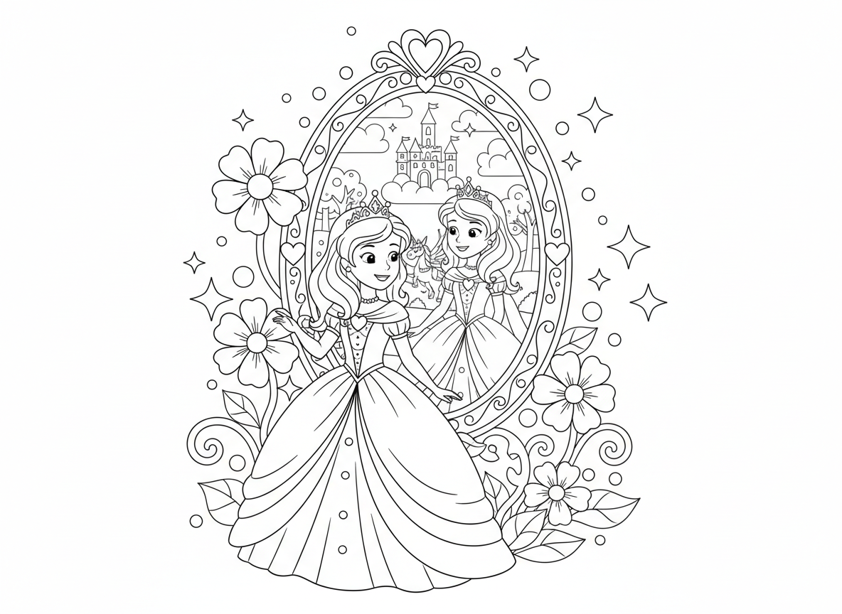 נסיכה והמראה הקסומה - נסיכה מביטה במראה קסומה גדולה ומעוטרת שמראה עולם קסום אחר בפנים, ההשתקפות שלה לובשת שמלה אחרת, פרחים גדלים ממסגרת המראה, נצנוצים בכל מקום