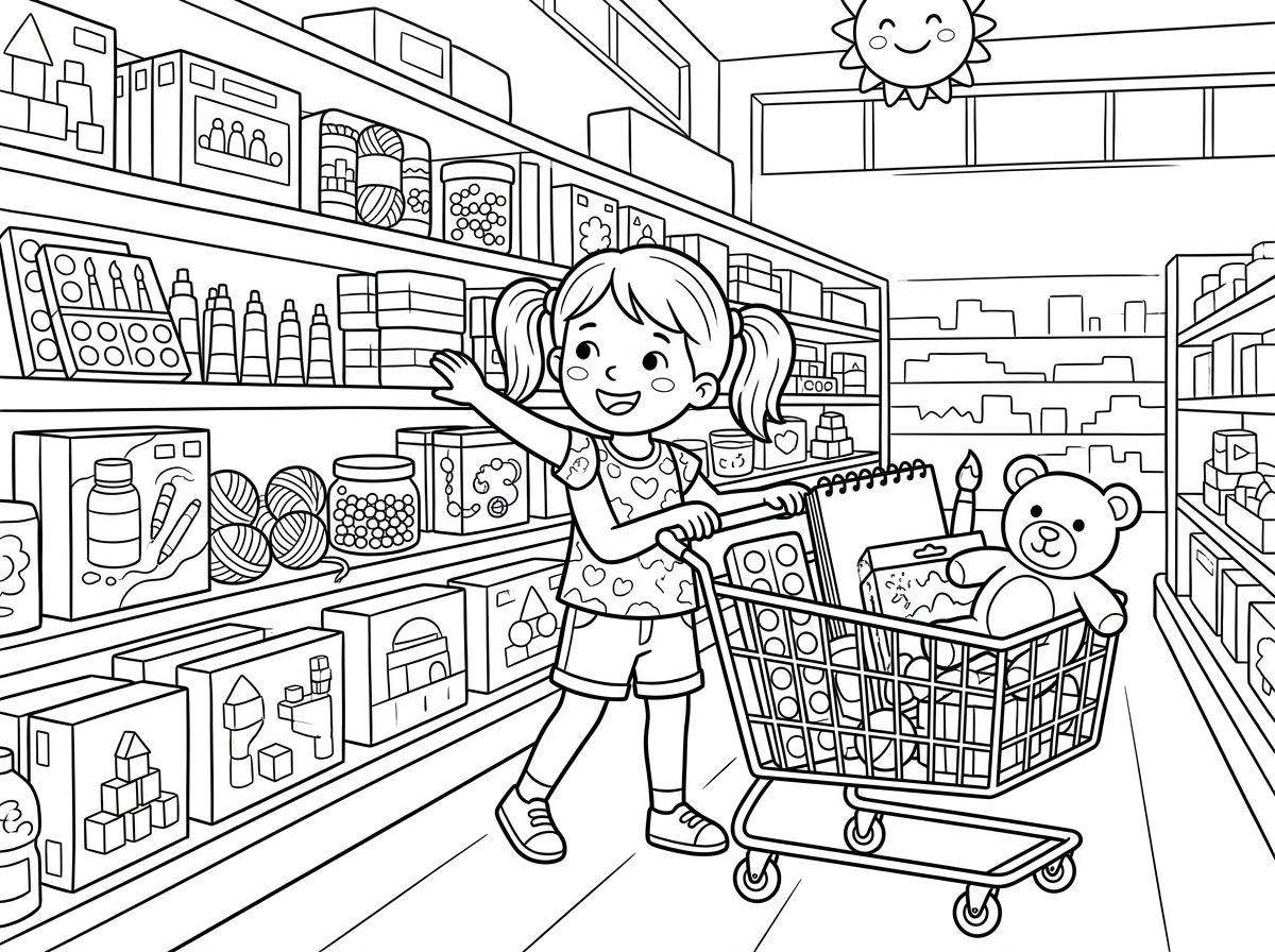 תצייר לי ילדה שבתוך חנות ענקית והיא לוקחת מלא יצירות ומשחקים