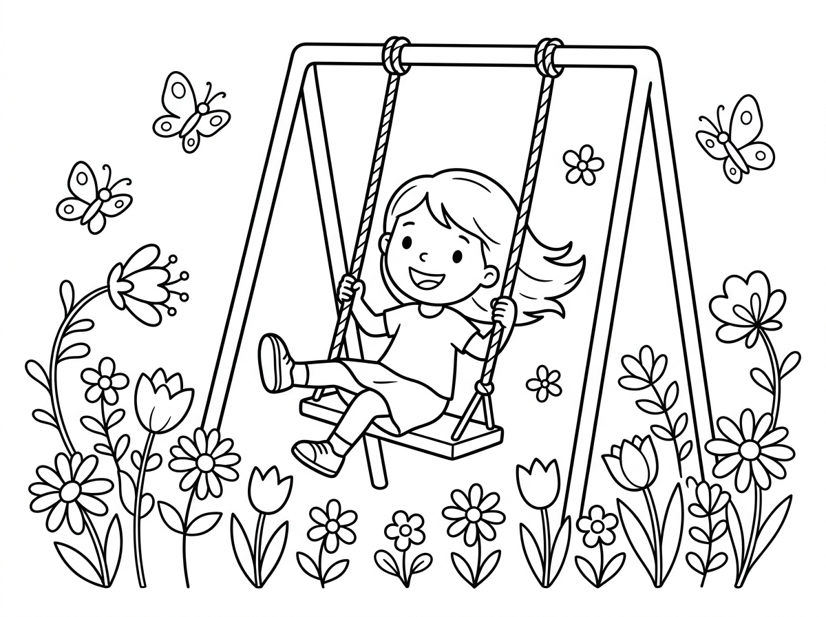 אשמח לדף צביעה של ילדה מתנדנדת בנדנדה ופרחים ופרפרים