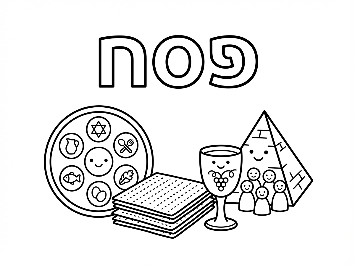 דף צביעה עם כיתוב פסח וציורים של פסח