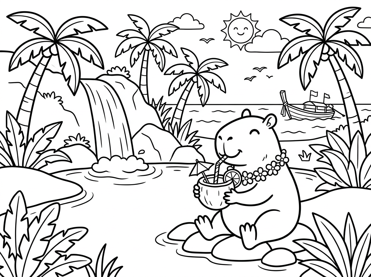 קאפיבארה בתאילנד, מסביבה מפל, ים, עצי קוקוס, עוד אלמנטים רלוונטיים, הקאפיברה שמחה, שותה שייק, קווים עבים שמתאימים לצביעה של ילדים קטנים