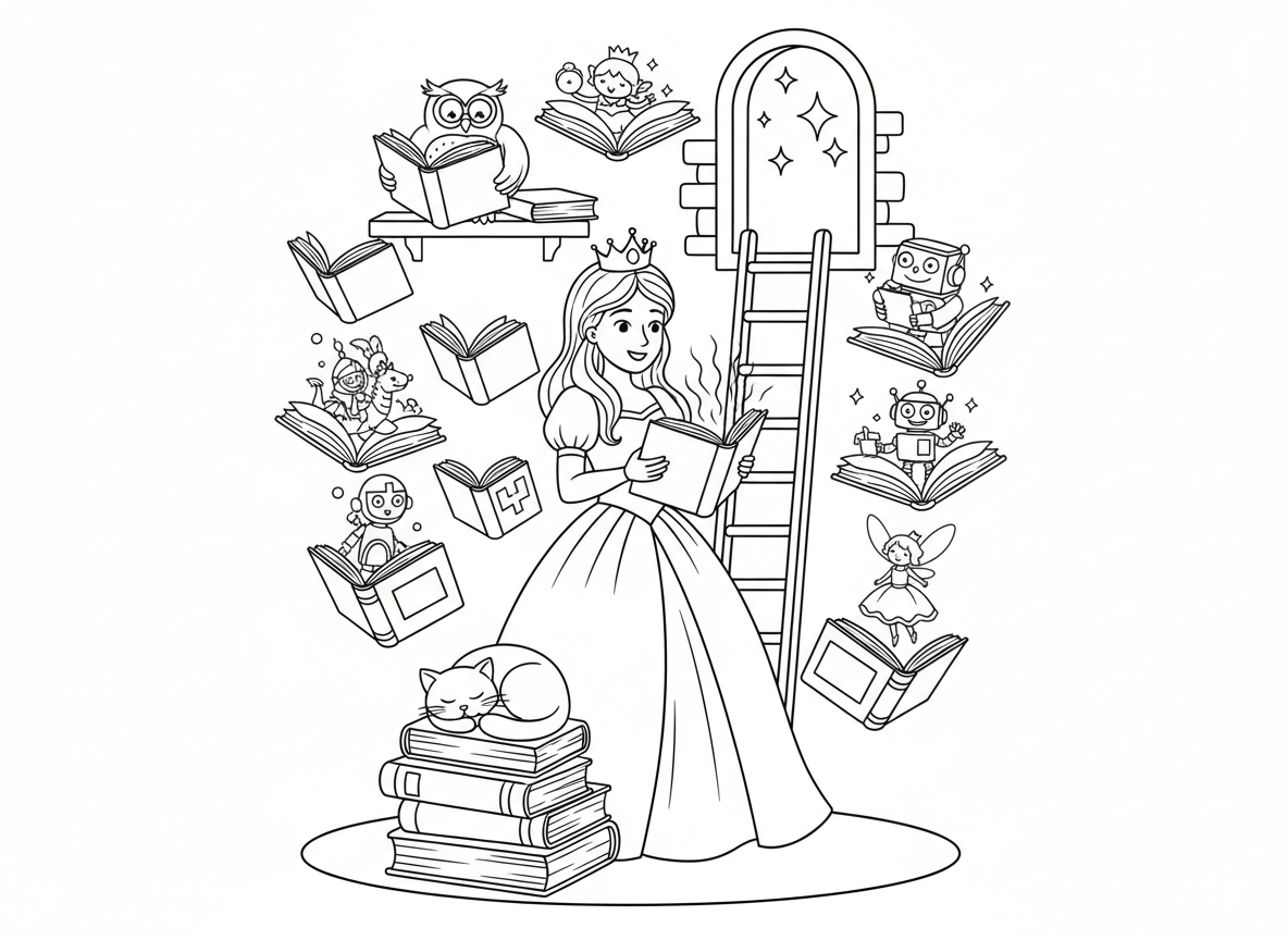 נסיכה עם ספרייה קסומה - נסיכה בספריית מגדל מלאה בספרים מרחפים, קוראת ספר זוהר, דמויות יוצאות לחיים מהדפים, סולם מגיע עד הכוכבים, ינשוף ספרן, חתול ישן על ערימת ספרים