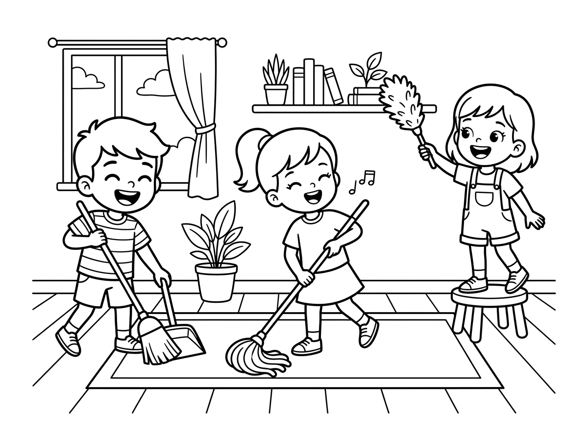 דף צביעה של ילדים מנקים את הבית