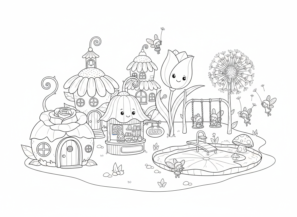 כפר פיות פרחים - כפר זעיר שכל בית הוא פרח שונה, בית ורד, חנות צבעוני, בית ספר חיננית, בריכת שחייה שושנת מים, גן משחקים מצנחי שן הארי, גגות עלי כותרת, ארובות גבעולים