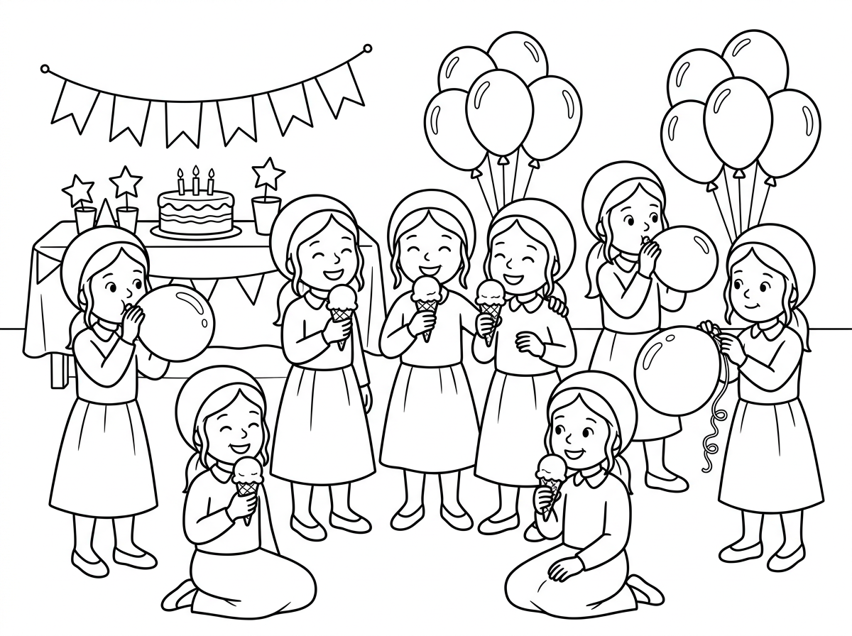 מסיבת יום הולדת עם הרבה ילדות חסידיות אוכלות גלידה ומנפחות בלונים