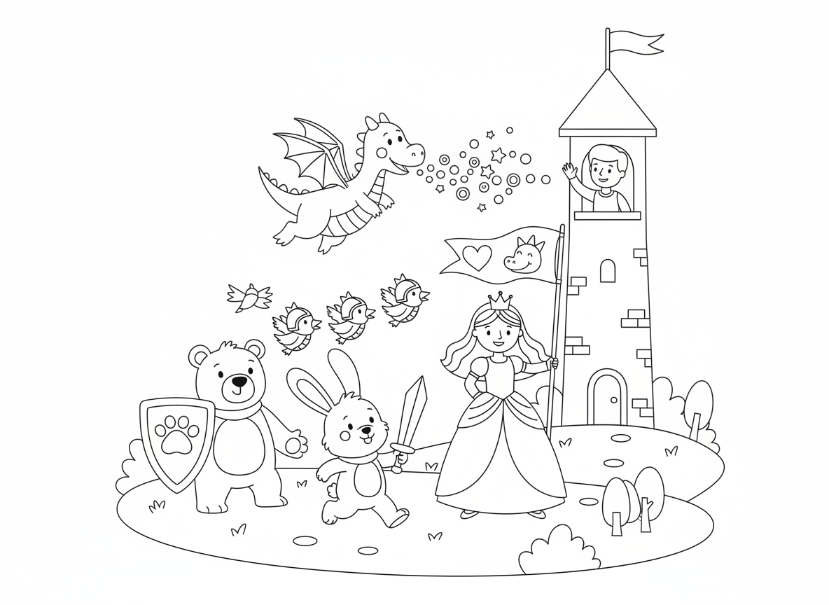 נסיכה במשימת הצלה עם אבירי חיות - נסיכה אמיצה מובילה צבא אבירי חיות להציל נסיך ממגדל, ארנב אביר עם חרב זעירה, דוב אביר עם מגן, ציפורים סיירות עפות קדימה, דרקון בעל ברית נושף קונפטי