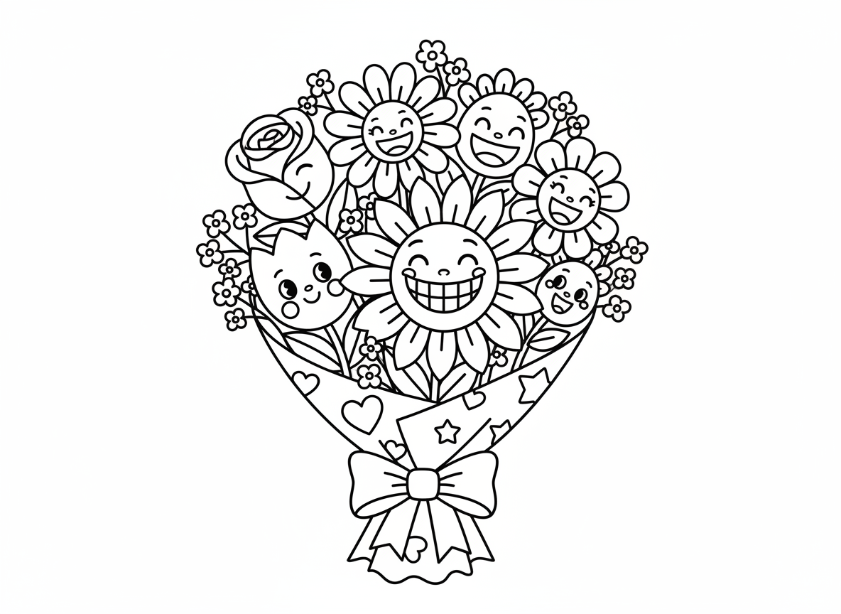 זר פרחים מחייכים - זר גדול ושמח של פרחים שונים עם פרצופים חמודים מחייכים, ורד קורץ, חיננית צוחקת, צבעוני מסמיק, חמנייה מגחכת, גיבסנית מקרקרת, עטוף בנייר מקושט עם פפיון