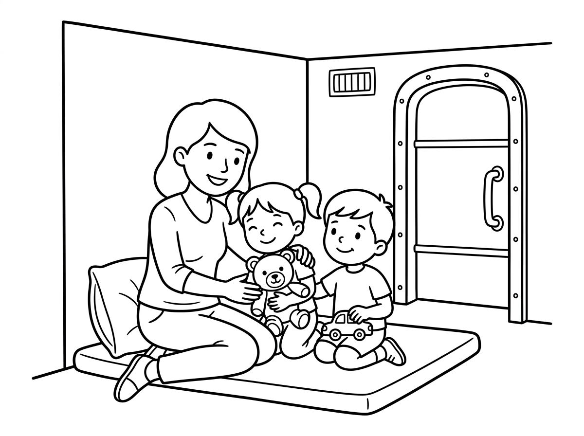 ציור של אמא עם ילדים בממ”ד