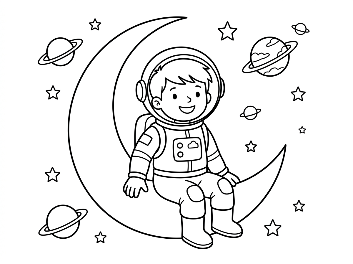 דף צביעה של ילד על הירח