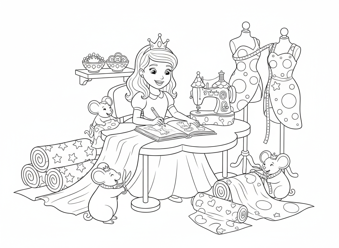 סטודיו עיצוב אופנה של נסיכה - נסיכה מעצבת שמלות יפהפיות בסטודיו שלה, בובות תצוגה עם שמלות נוצצות, גלילי בד בכל מקום, מכונת תפירה בצורת טירה, עכברים עוזרים מודדים וגוזרים, כפתורים בצורת כתר