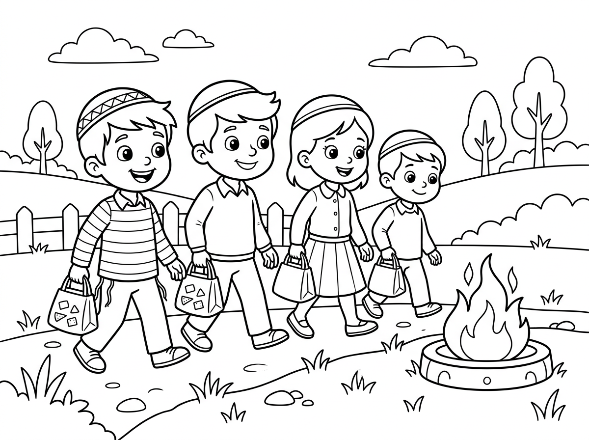 ילדים עם כיפה הולכים לזרוק חמץ בשריפת חמץ