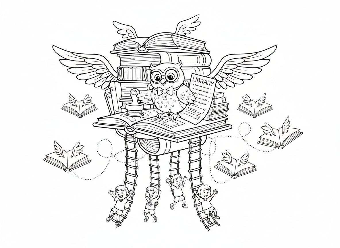 ספרייה מעופפת
ספרים עם כנפיים, סולמות צפים, וינשוף ספרן שמחתים כרטיסים.