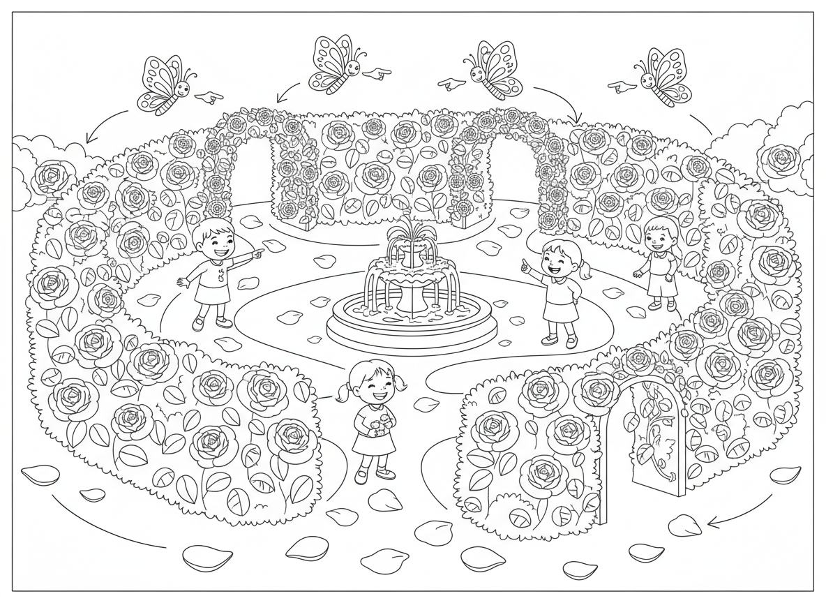 מבוך גן ורדים - מבוך יפהפה עשוי שיחי ורדים גבוהים, ילדים מוצאים את דרכם, פרפרים נותנים כיוונים, מזרקה במרכז, קשתות ורדים מטפסים, עלי כותרת על הרצפה כסימני שביל
