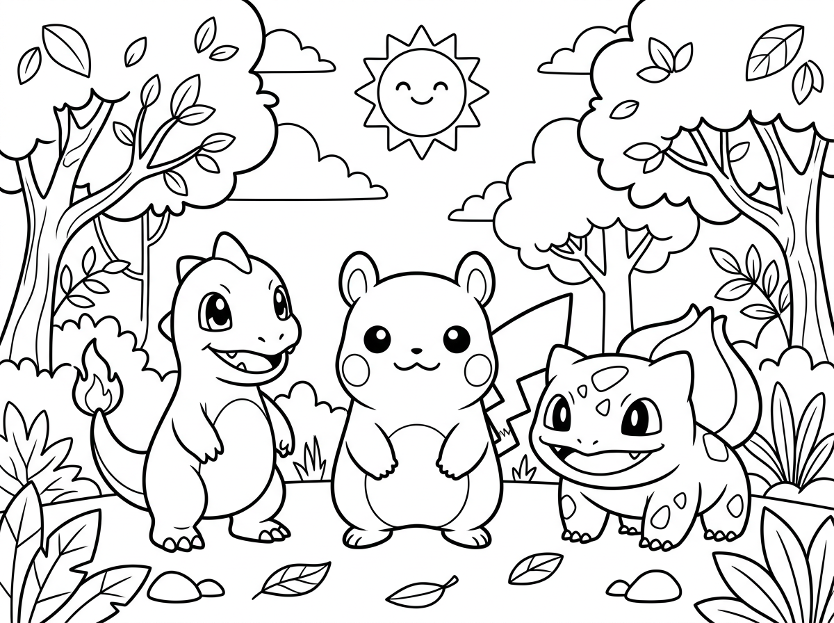 תצייר 3 פוקימונים כמו פיקאצ'ו, צ'רמנדר בסגנון מצויר של פיקסאר שיהיה מסביב עצים כמו בג'ונגל ושמש בקווים פשוטים לילדים קטנים