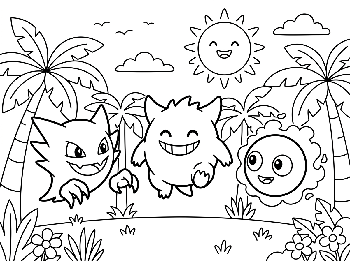 תצייר 3 פוקימונים כמו גנגר, אונטר וגסלי בסגנון מצויר של פיקסאר שיהיה מסביב עצים כמו בג'ונגל ושמש בקווים פשוטים לילדים קטנים