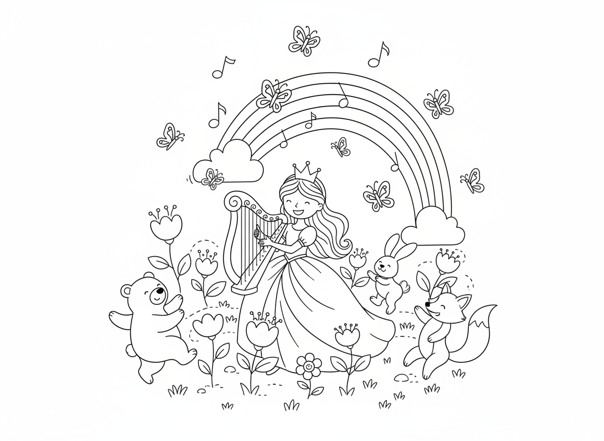 קונצרט מוזיקה של נסיכה באחו - נסיכה מנגנת בנבל קסום באחו פרחים, תווים מוזיקליים מרחפים כפרפרים, חיות רוקדות למוזיקה, קשת בענן עולה ממיתרי הנבל, פרחים פורחים עם כל תו