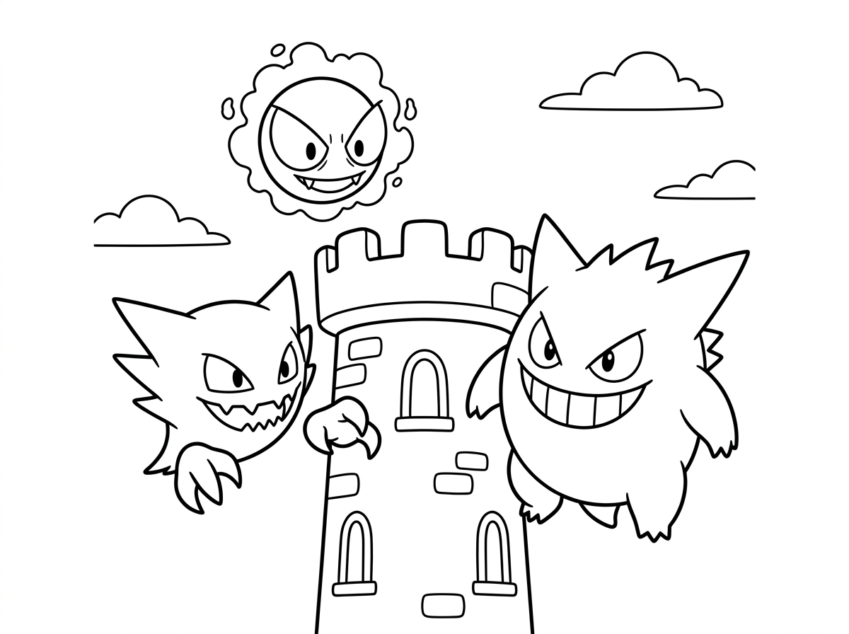 תצייר 3 פוקימונים כמו גנגר, אונטר וגסלי בסגנון מצויר של פיקסאר שיהיו מסביב למגדל הרוחות בקווים פשוטים לילדים קטנים