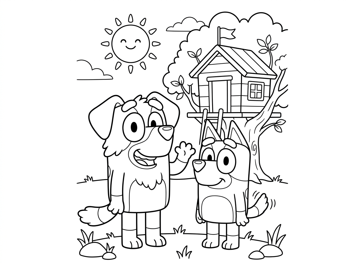 תצייר שני כלבים חמודים כמו בלואי ובינגו בסגנון מצויר של פיקסאר שיהיה מסביב בית עץ ושמש בקווים פשוטים לילדים קטנים