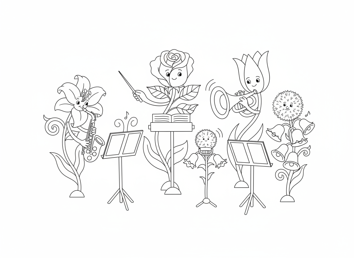 תזמורת פרחים מנגנת מוזיקה - פרחים מנגנים בכלי נגינה, צבעוני מנגן חצוצרה עם צורת הפעמון שלו, פעמונית מצלצלת, שן הארי כמיקרופון, ורד מנצח עם שרביט קוץ, שושן כסקסופון, עמודי תווים מגפנים