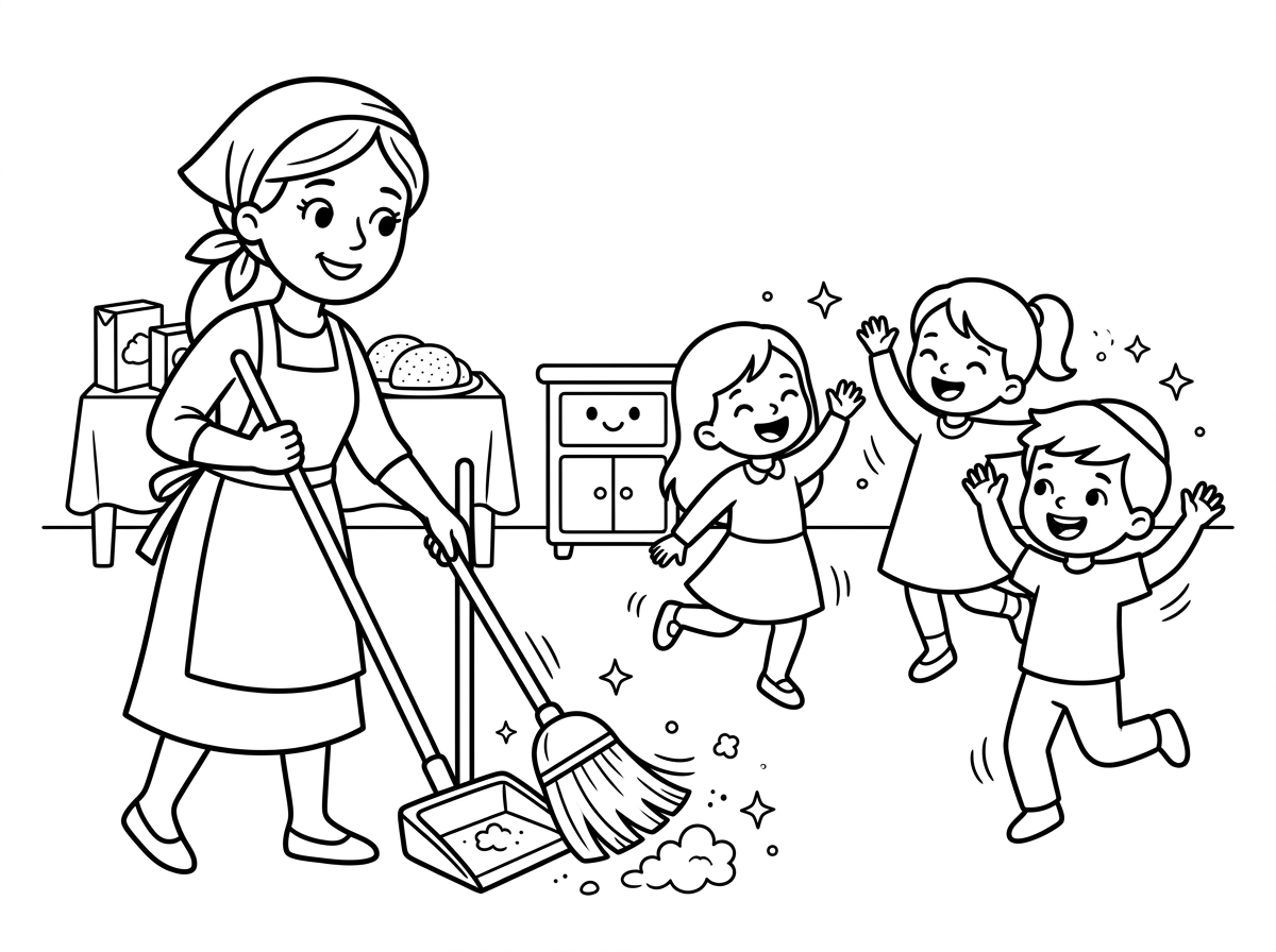 היי תשלח ציור יפה של פסח,
אישה מנקה את הבית וילדים רוקדים