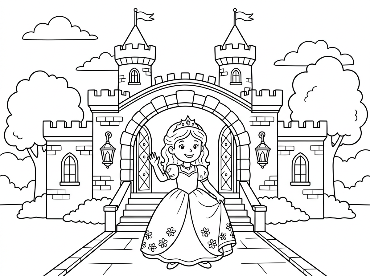 תיצור לי דף צביעה של נסיכה שנמצאת בפתח ארמון