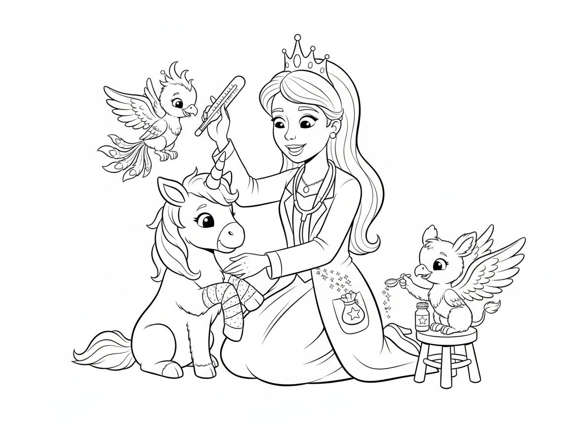 נסיכה וטרינרית מטפלת ביצורים קסומים - נסיכה וטרינרית במעיל לבן וכתר מטפלת בחיות קסומות, חובשת רגל של חד קרן תינוק, נותנת תרופה לגריפון זעיר, בודקת חום לעוף חול, סטטוסקופ אבקת פיות