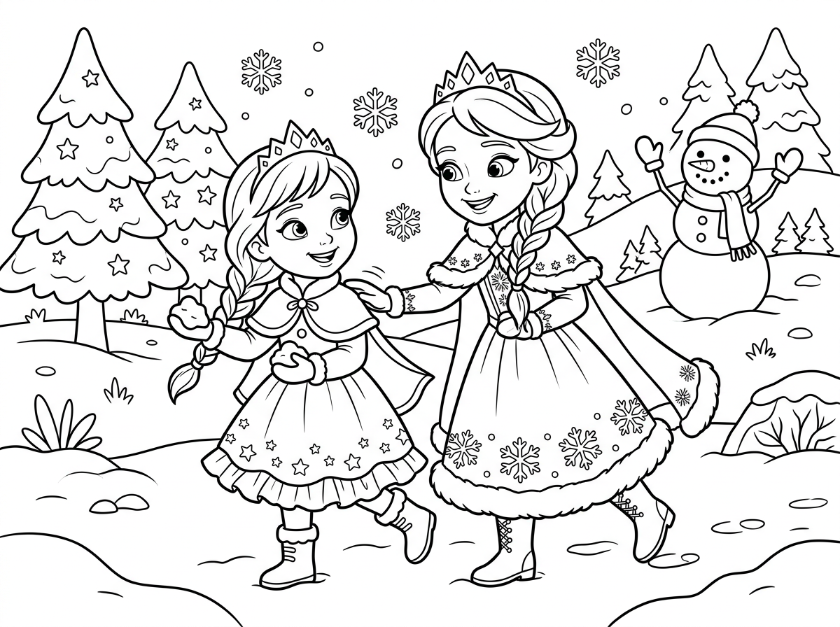 דף צביעה של אנה ואלזה, ברקע אולף חוגג באוויר וסביבה נורדית של שלג ועצים. קווים עדינים ומפורטים, ציור לגיל 6-8.

כולם מחויכים, אנה מחייכת קצת בקונדסות, טופחת על אלזה או השתובבות אחיות כזו. אווירה מעט מבודחת.