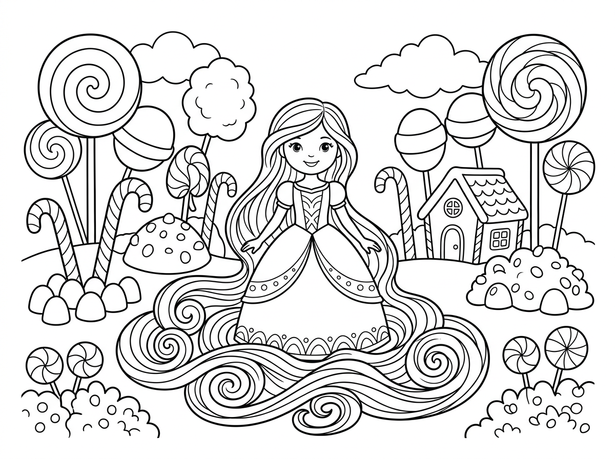 דף צביעה של רפונזל אחרי סיבוב מרשים עם השיער הארוך שלה ש"משתבלל" סביבה. קווים עדינים ומפורטים, ציור לגיל 6-8.

בתוך יער של ממתקים.