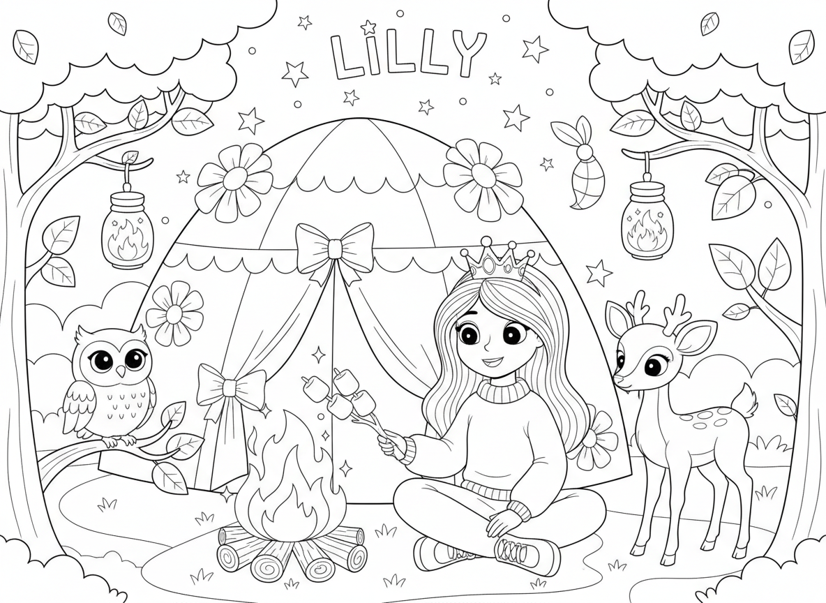 נסיכה בקמפינג ביער הקסום - נסיכה בקמפינג ביער קסום, אוהל מקושט בפרחים וסרטים, צולה מרשמלו על מדורה נוצצת, ינשוף ואייל חברים מבקרים, כוכבים מאייתים את שמה, פנסי גחליליות