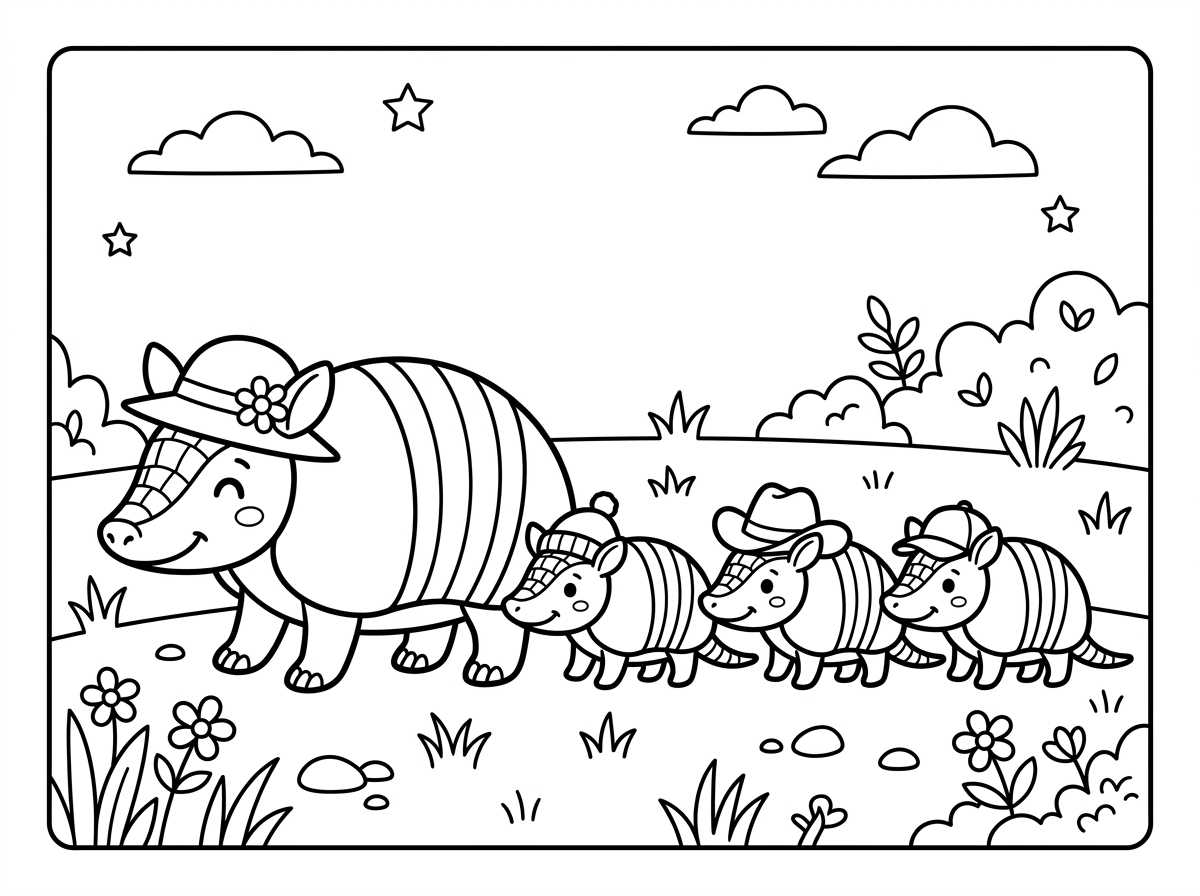 תוכל ליצור דף צביעה של אמא ארמדיל והתינוקות שלה עם כובעים?